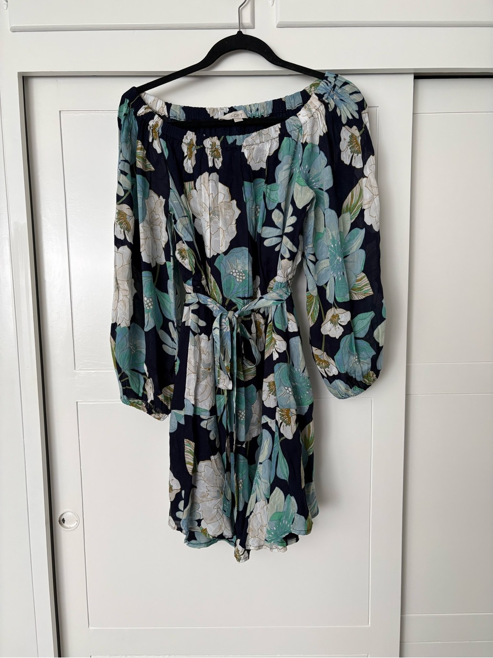 Floral Off-Shoulder Tie-Waist Dress in Navy and Teal, large